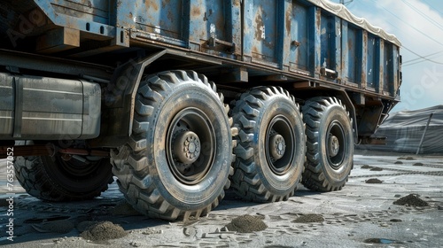 of a large vehicle  including its structure  materials  logos  and any visible wear. Textures such as metal surfaces  tire treads and shipping containers 