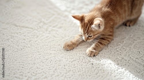 Ginger kitten playfully pouncing on a fluffy carpet. Small orange cat engaging in play on soft rug. Concept of energetic pets, playtime activities, and comfortable home environment. Copy space