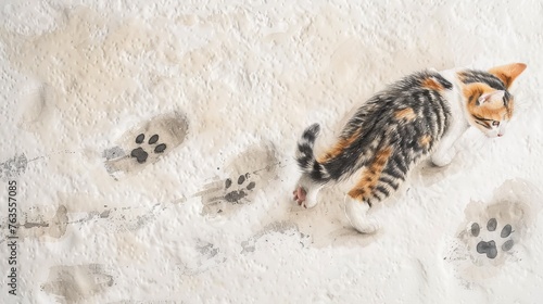 Watercolor illustration of kitten leaving paw prints on a textured surface. Walking cat with footprints. Playful feline. Concept of mischievous pet, domestic animal, and home mess. © Jafree