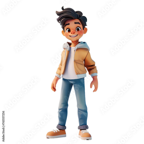 A young boy is standing in front of a white background wearing a yellow jacket