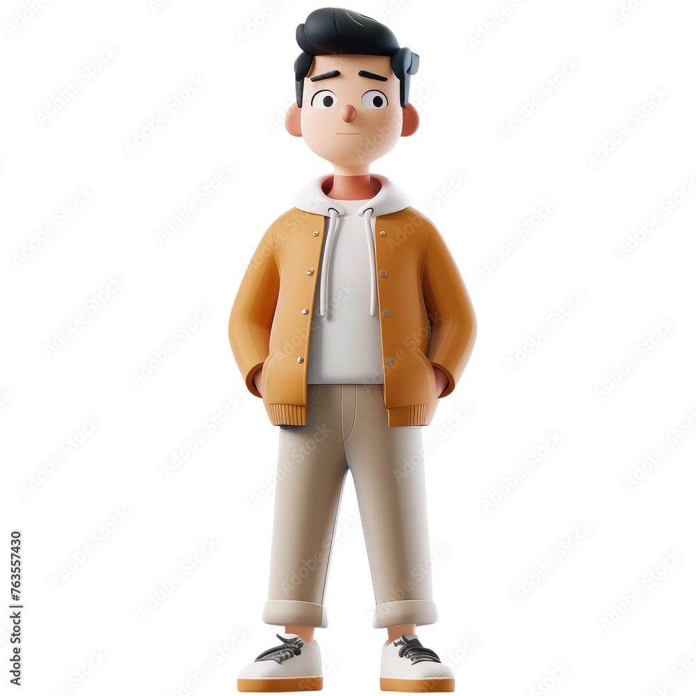 A cartoon boy is wearing a yellow jacket and white shirt