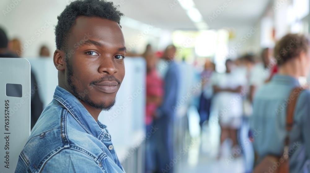 Fototapeta premium Smiling African American man at polling station. Black male voter preparing to cast his vote. Concept of elections, diversity, civic duty, democratic process, voting rights. Copy space