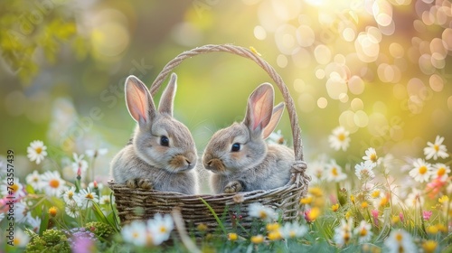 Three little bunnies in an Easter basket sitting on the grass surrounded by wildflowers, spring scene in pastel colors, sunny day.