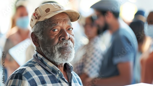 African American elderly man at voting station. Senior black male voter preparing to cast his vote. Concept of elections, civic duty, democratic process, voting rights, diversity. Copy space. photo