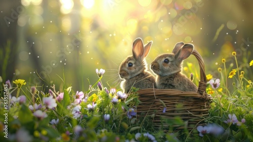 Three little bunnies in an Easter basket sitting on the grass surrounded by wildflowers, spring scene in pastel colors, sunny day.