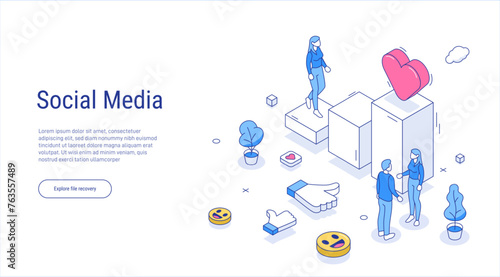 Social media concept with characters. Likes, followers and thumbs up symbol. Outline isometric vector illustration isolated on white background. 3d line style.