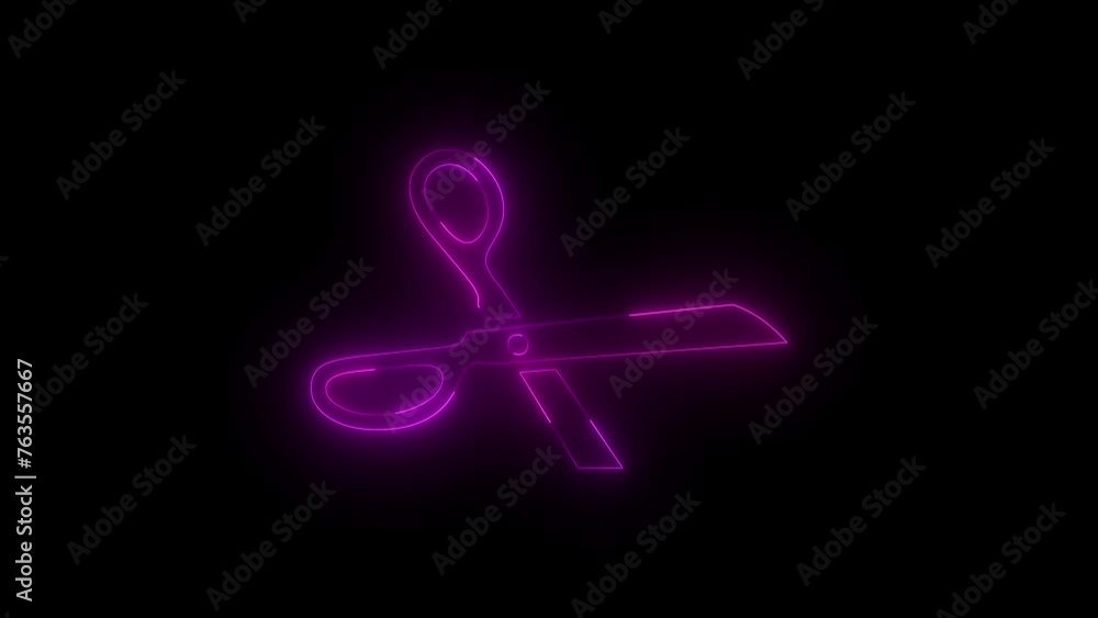 Neon glowing pink broken scissor icon animation in black background Neon glowing pink broken scissor icon animation in black background
