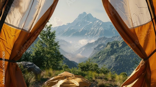 beautiful view of the mountains from outside the tent. The opening of the tent acts as a natural frame for the landscape, drawing the viewer to the majestic mountains. photo