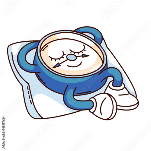 Groovy clock cartoon character sleeping on soft pillow. Funny retro blue clock with arrows and closed eyes on cute face, time to sleep mascot, cartoon sticker of 70s 80s style vector illustration