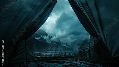 beautiful view of the mountains from outside the tent. The opening of the tent acts as a natural frame for the landscape, drawing the viewer to the majestic mountains. photo