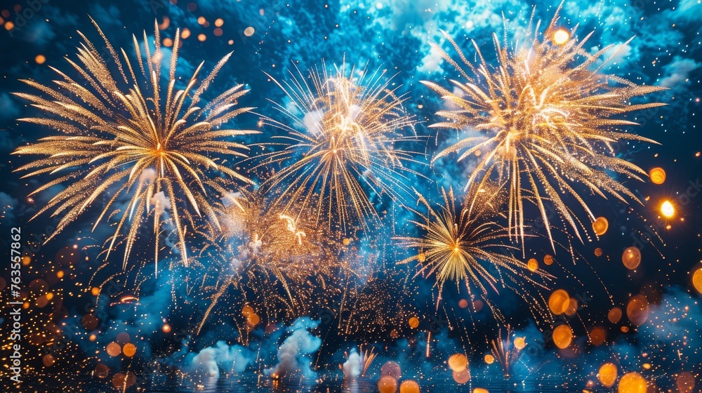 Beach Nightscape with Fireworks Reflection in Gold and Blue Hues Generative AI Beach Nightscape with Fireworks Reflection in Gold and Blue Hues Generative AI