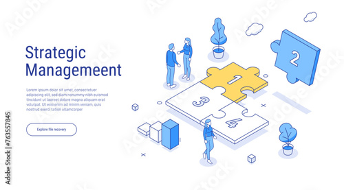 Business concept. Connecting jigsaw puzzle as metaphor of goals, achievements, success, challenge. Problem solving, strategic management. Outline isometric vector illustration isolated. 3d line style.