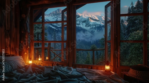 In the evening  in a cozy wooden house with a bed and a view of the forested mountains  the light of lamps creates a romantic atmosphere. Panoramic window overlooking a beautiful landscape
