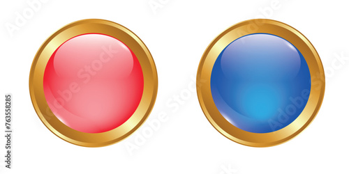 Glass transparent red and blue button in gold frame, vector illustration EPS10