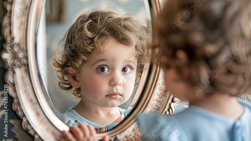 a small child looks in the mirror, the rays of the sun emphasize the realism of the frame