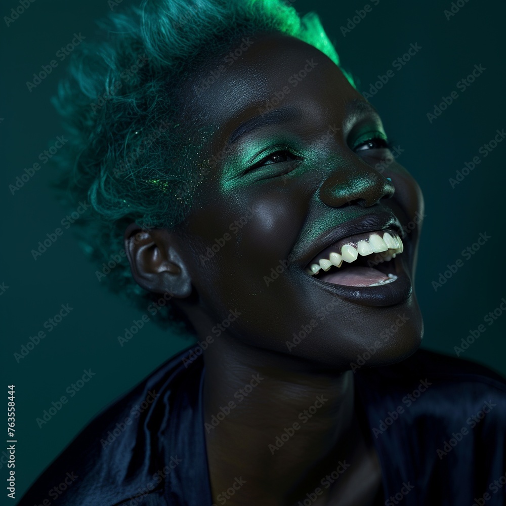 Experience the vibrant essence in this skincare portrait of a joyful 20-year-old African model presenting green hair. Against a soft backdrop, with a luminous filter effect Experience the vibrant essence in this skincare portrait of a joyful 20-year-old African model presenting green hair. Against a soft backdrop, with a luminous filter effect