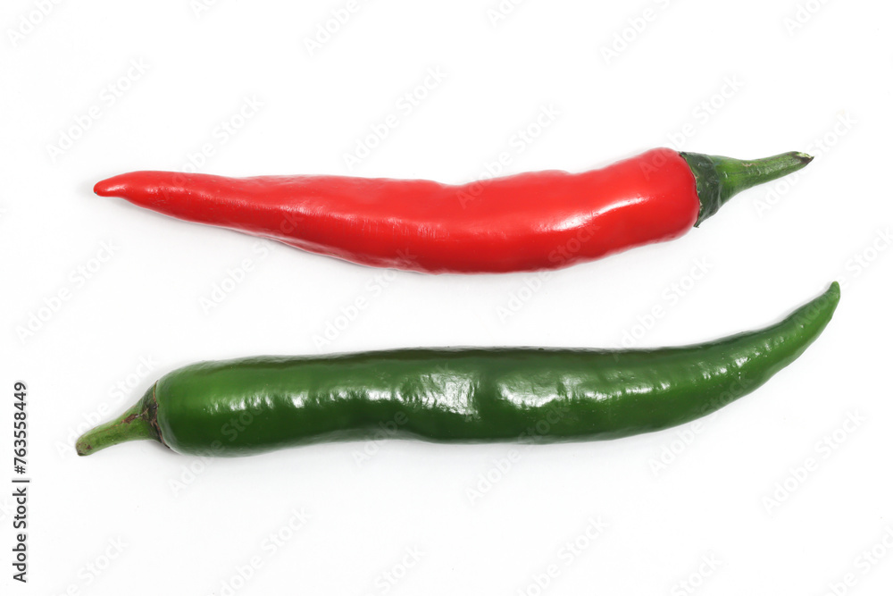 Red and green hot chili pepper top view isolated on white background clipping path