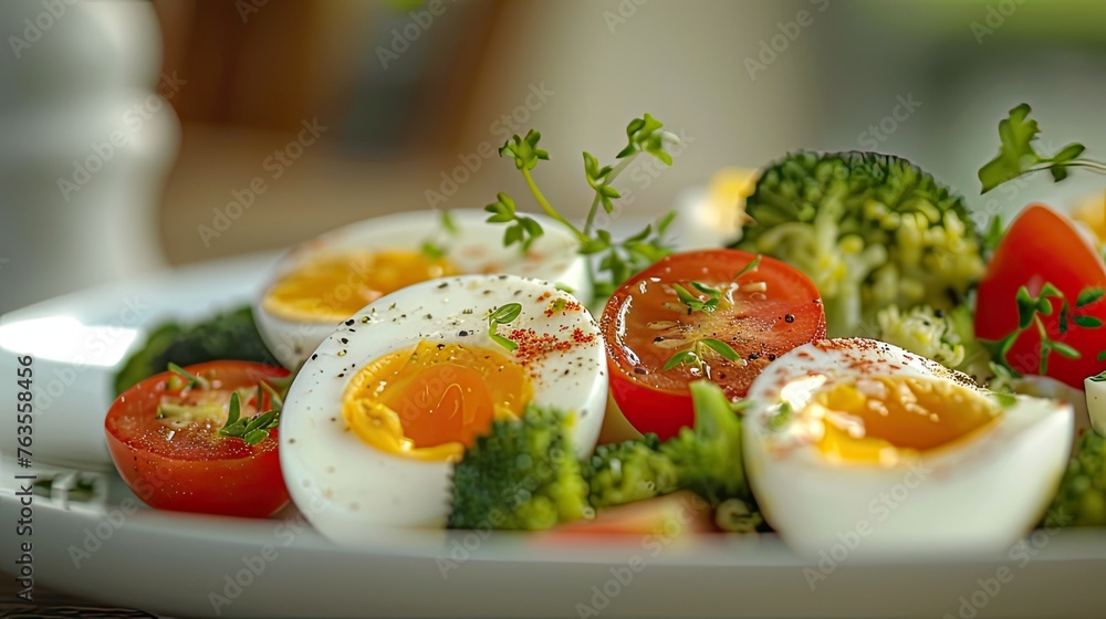 the details and textures of food, such as the speckles of hard-boiled eggs and the vibrant colors of tomatoes and broccoli. Close-up photos to showcase individual ingredients and their freshness. the details and textures of food, such as the speckles of hard-boiled eggs and the vibrant colors of tomatoes and broccoli. Close-up photos to showcase individual ingredients and their freshness.