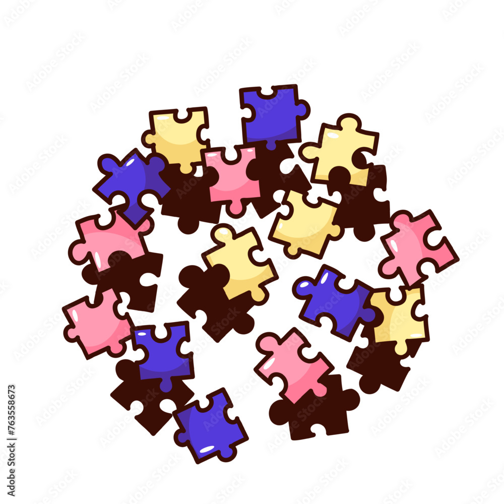 Groovy cartoon pile of puzzle pieces in different colors. Funny retro heap of logic puzzle game parts with round shape, jigsaw mascot, cartoon toy sticker of 70s 80s style vector illustration Groovy cartoon pile of puzzle pieces in different colors. Funny retro heap of logic puzzle game parts with round shape, jigsaw mascot, cartoon toy sticker of 70s 80s style vector illustration