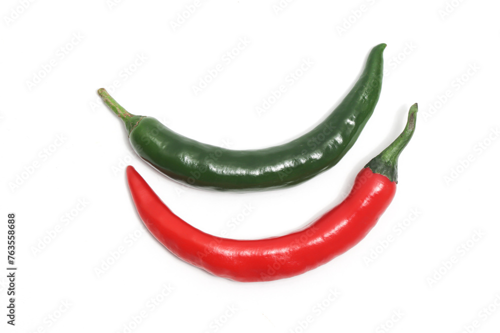 Red and green hot chili pepper top view isolated on white background clipping path Red and green hot chili pepper top view isolated on white background clipping path