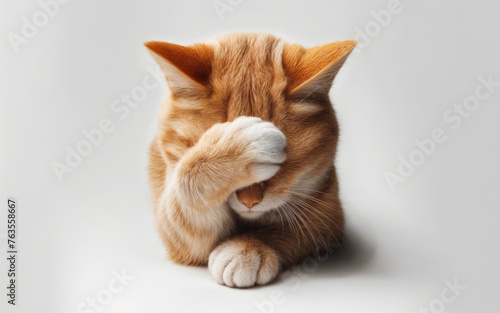 Photo of an orange kitten who is shy and covers his face with his paw photo