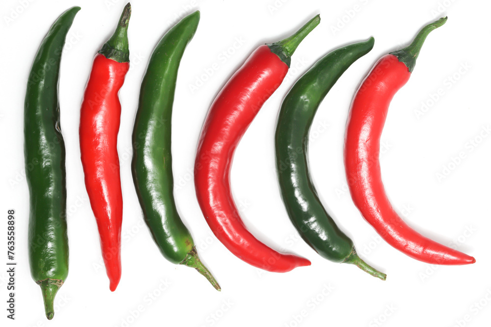 Group of red and green hot chili pepper top view isolated on white background clipping path