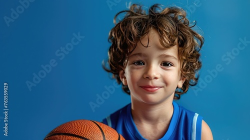 Studio lighting to achieve a commercial and professional look. A little boy in a T-shirt and shorts with a basketball in his hands. Details of a T-shirt, basketball and facial features of a boy