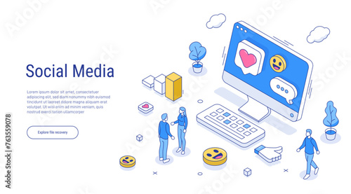 Digital marketing concept. Social media. Can use for web banner, infographics, hero images. Outline isometric vector illustration isolated on white background. 3d line style.