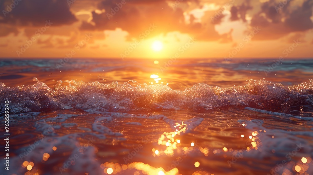 Golden Hour Beach Digital Backdrop: Warm Sunlight Over Sea Capturing the Horizon with Gentle Surrounding Blur Generative AI