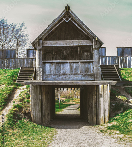 Reconstructed wooden viking fortress Trelleborgen in Trelleborg. Viking old house