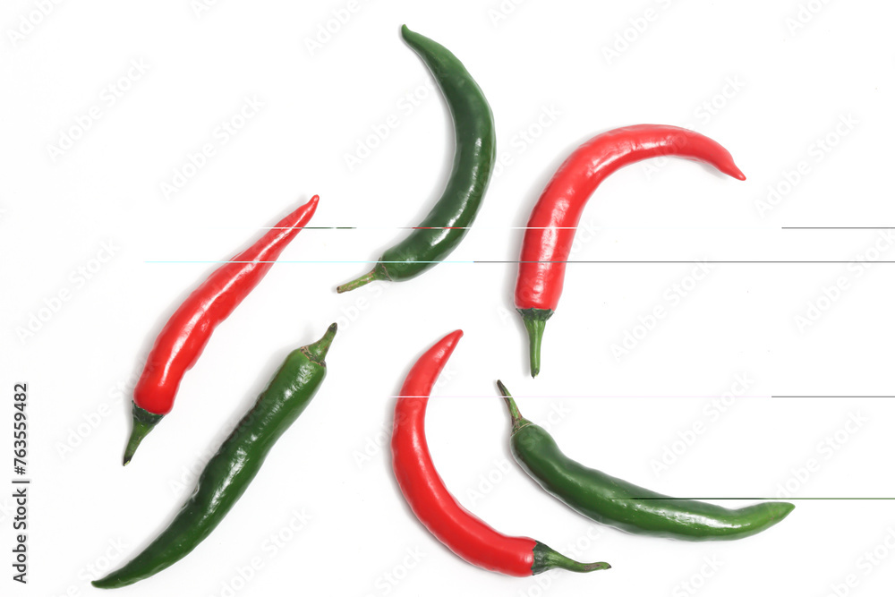 Separated group of red and green hot chili pepper top view isolated on white background clipping path Separated group of red and green hot chili pepper top view isolated on white background clipping path