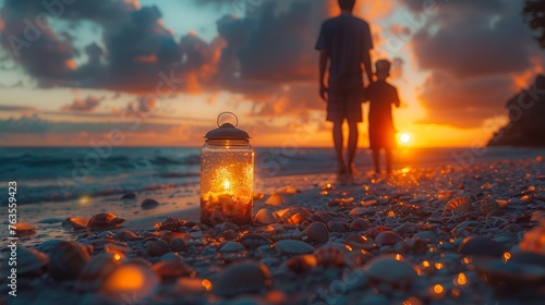 Father and Son Collecting Seashells at Sunrise with Lantern Generative AI