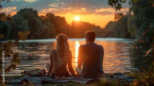 Charming Couple Enjoying Picnic by the River at Sunset with Focus on Glasses Generative AI