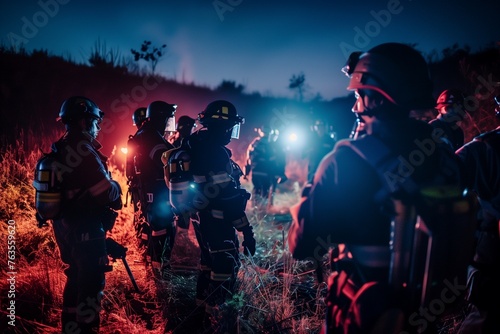 Intense Nighttime Emergency Drill with Search and Rescue Teams Illuminated by Strategic Lighting - This image depicts a nighttime emergency response through challenging conditions.