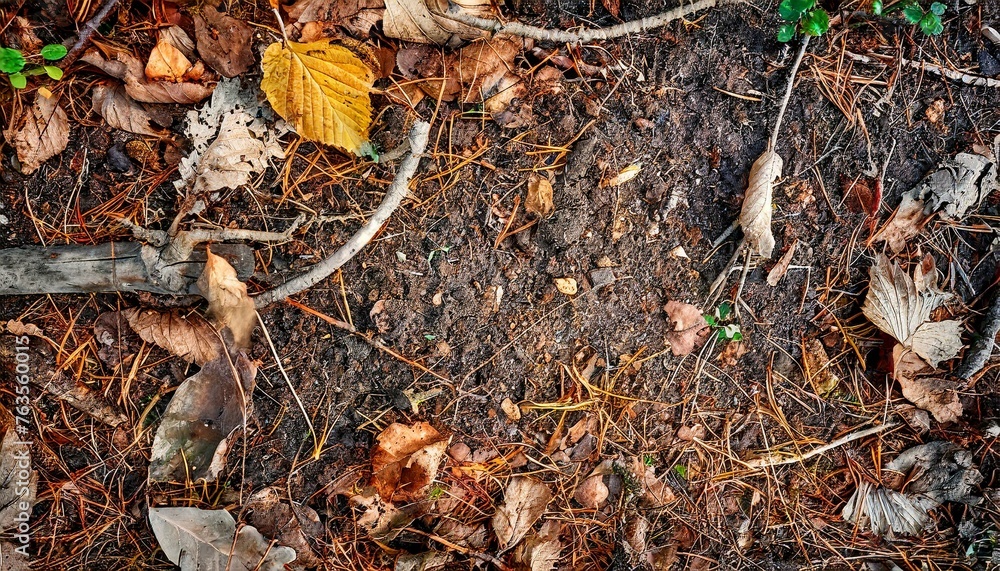 落ち葉や枝が混ざった土