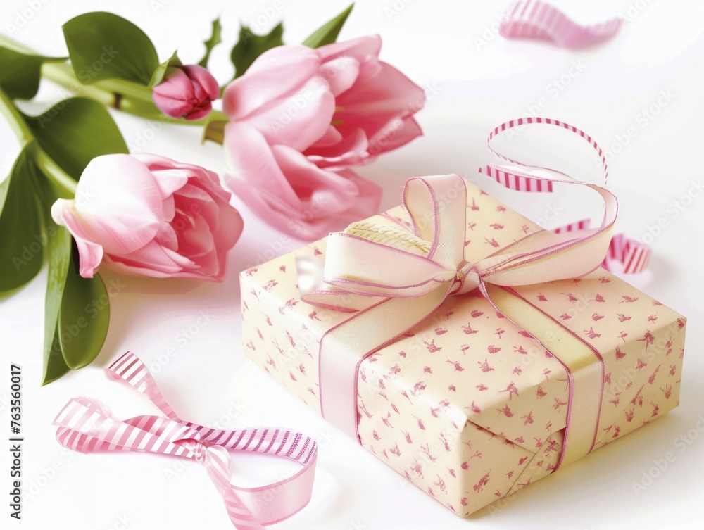 A pink box with a ribbon on top sits on a white background A pink box with a ribbon on top sits on a white background