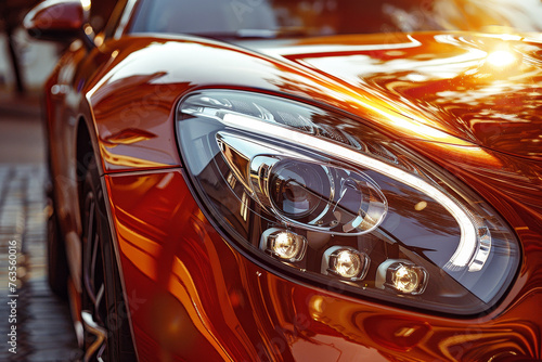 A close-up of a luxury car's headlight, its unique design creating an abstract pattern in the warm light © Formoney