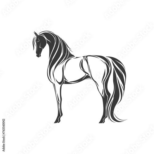 A stylized horse with a beautiful mane and tail, standing quietly, vector illustration