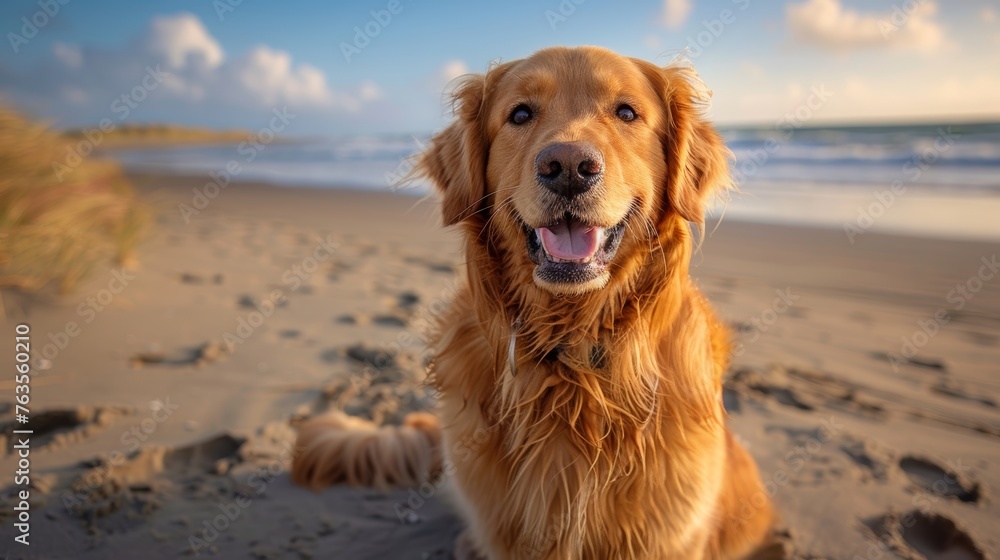 Obraz premium Golden Retriever Focused on Family during Beach Outing Generative AI