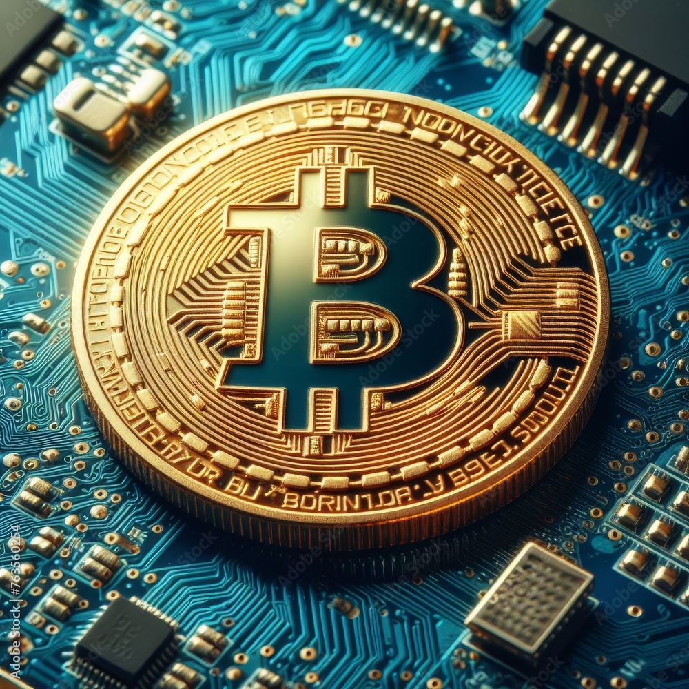 A prominent Bitcoin coin is set against the backdrop of a detailed blue circuit board, highlighting digital currency's role in modern tech. AI generation