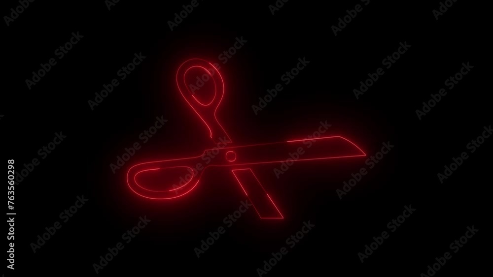 Neon glowing red broken scissor icon animation in black background Neon glowing red broken scissor icon animation in black background
