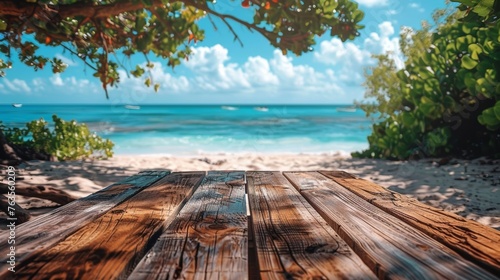 Rustic Wood Table with Stunning Beach Backdrop - Product Display Generative AI