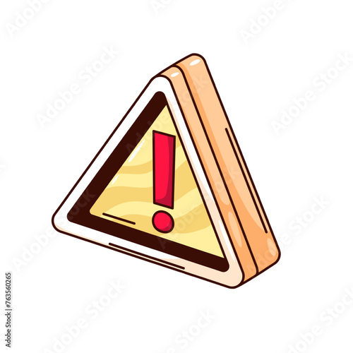 Groovy cartoon exclamation mark inside triangle frame. Funny retro exclamation point to alert to danger, attention and technical problem mascot, cartoon sticker of 70s 80s style vector illustration