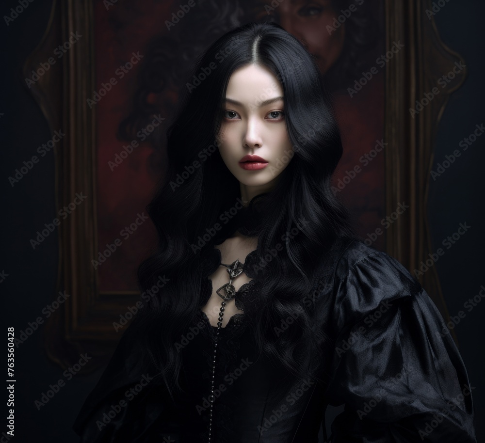 a beautiful woman blowing her long black hair on a grey background, concept of Beauty and hair care with keratin. Generative AI. a beautiful woman blowing her long black hair on a grey background, concept of Beauty and hair care with keratin. Generative AI.