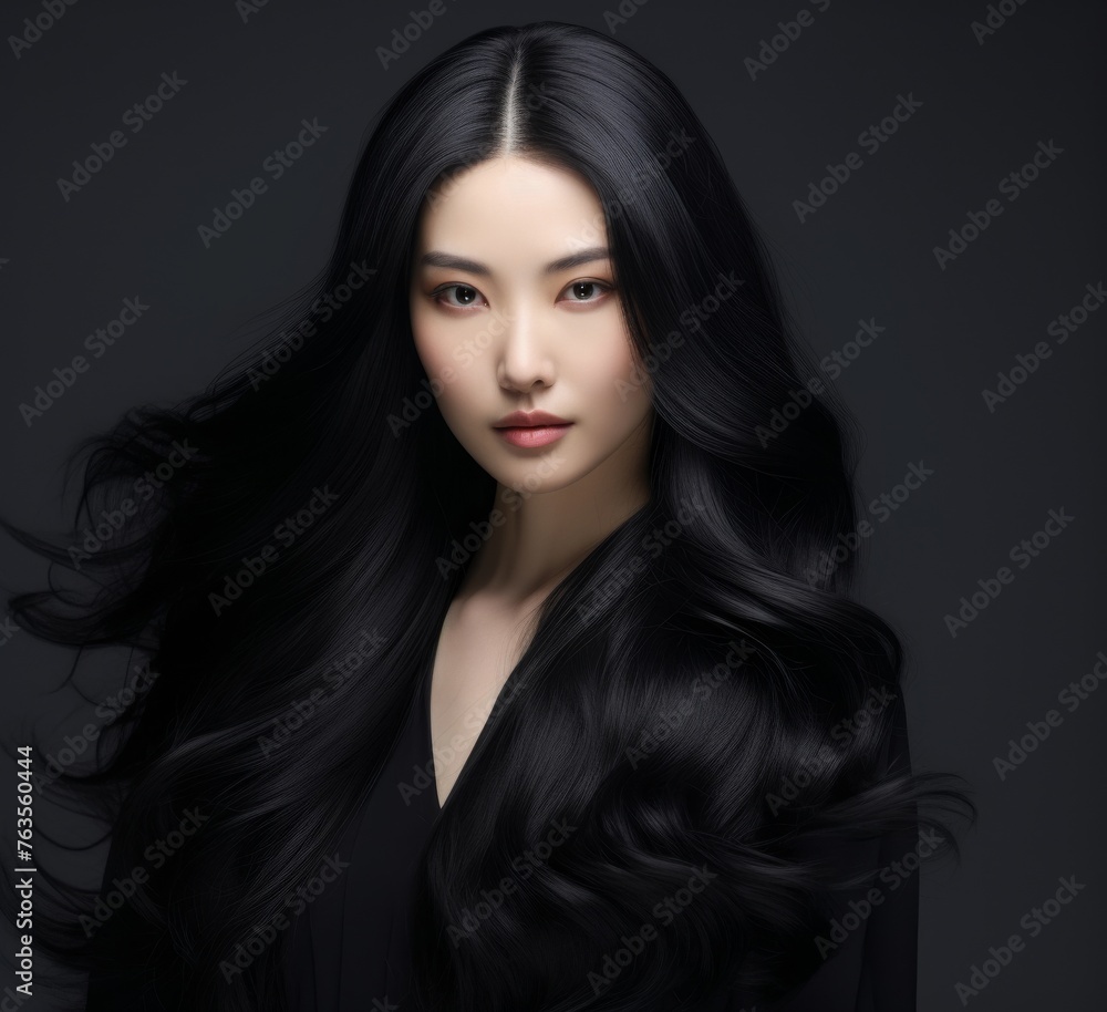 a beautiful woman blowing her long black hair on a grey background, concept of Beauty and hair care with keratin. Generative AI. a beautiful woman blowing her long black hair on a grey background, concept of Beauty and hair care with keratin. Generative AI.