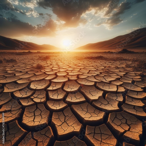 The sun dips below the horizon, casting a warm glow on the cracked desert floor. A metaphor for resilience and endurance, this landscape thrives under the day's last light. AI generation
