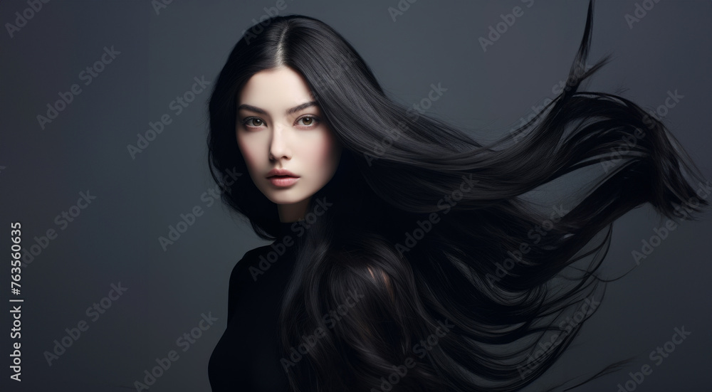 a beautiful woman blowing her long black hair on a grey background, concept of Beauty and hair care with keratin. Generative AI.