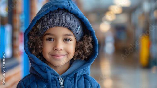 Portrait of a boy in blue hoodie at the school background.