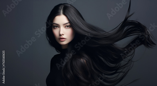 a beautiful woman blowing her long black hair on a grey background, concept of Beauty and hair care with keratin. Generative AI. © Surachetsh