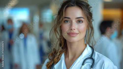 Female doctor in medical uniform standing on the the hospital background.